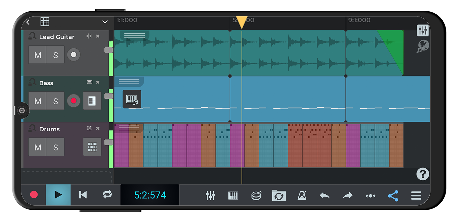 Мультитрек n-Track Studio на Android с гитарой, басом и ударными