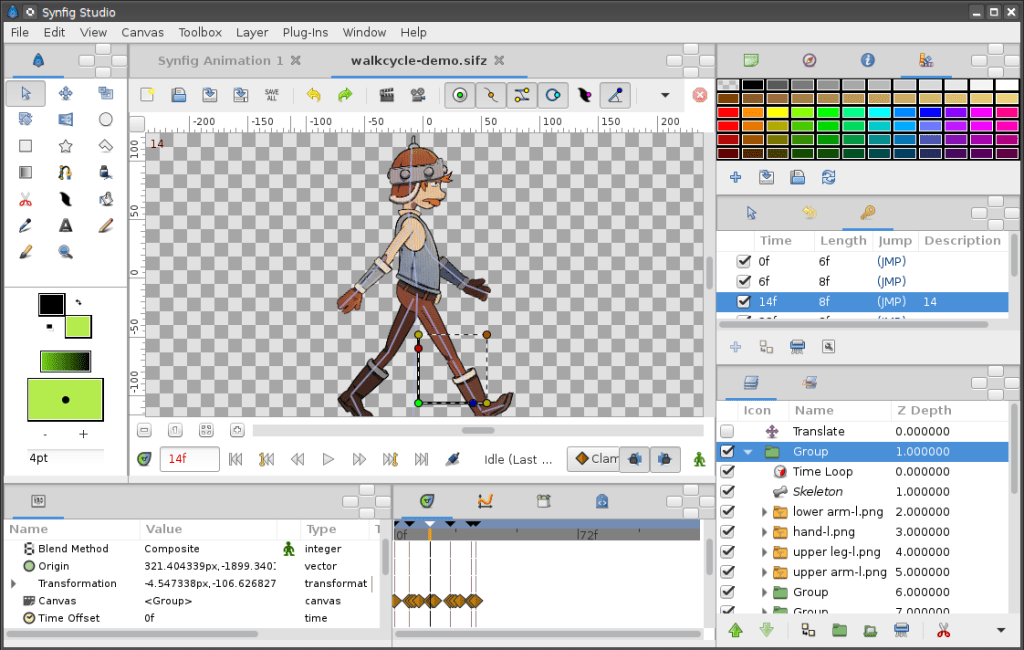 Интерфейс Synfig Studio с персонажем, слоями и ключевыми кадрами