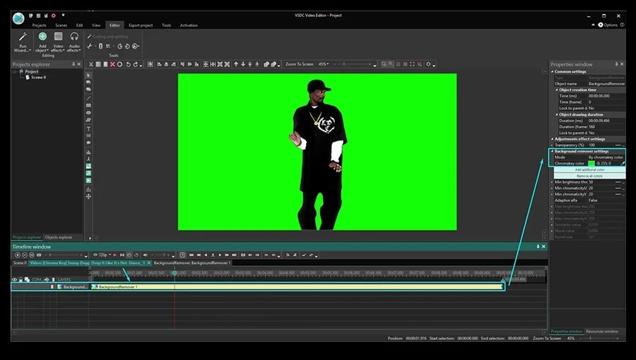 Background remover и Chromakey color в VSDC Free Video Editor