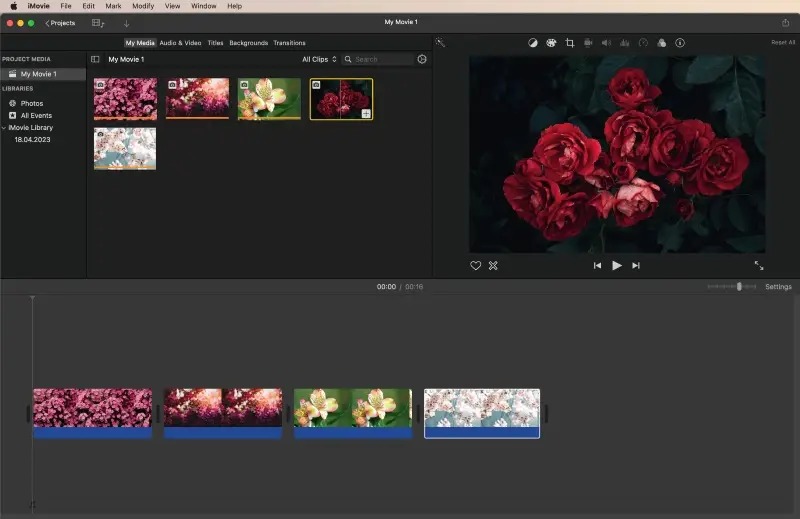 Интерфейс iMovie на Mac с фотографиями в медиатеке, предпросмотром и таймлайном