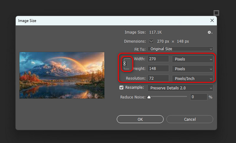 Диалог Image Size в Adobe Photoshop с полями Width, Height, Resolution и Resample