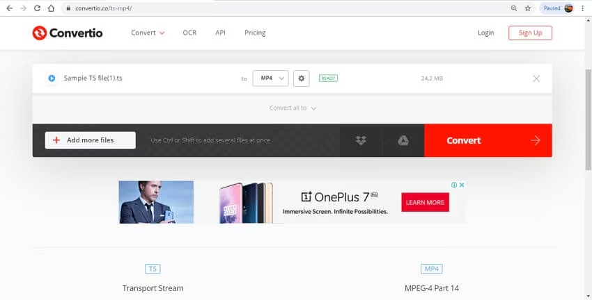 Интерфейс Convertio для преобразования TS в MP4