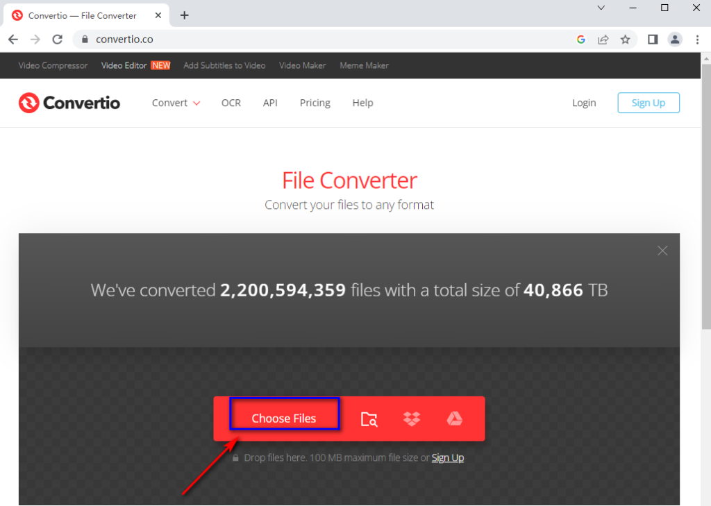 Интерфейс онлайн-конвертера Convertio для выбора исходного файла