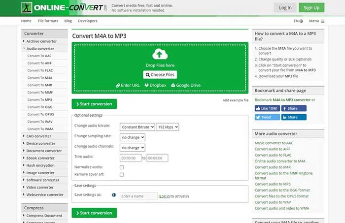 Интерфейс Online-Convert с выбором аудиоформата и дополнительными настройками