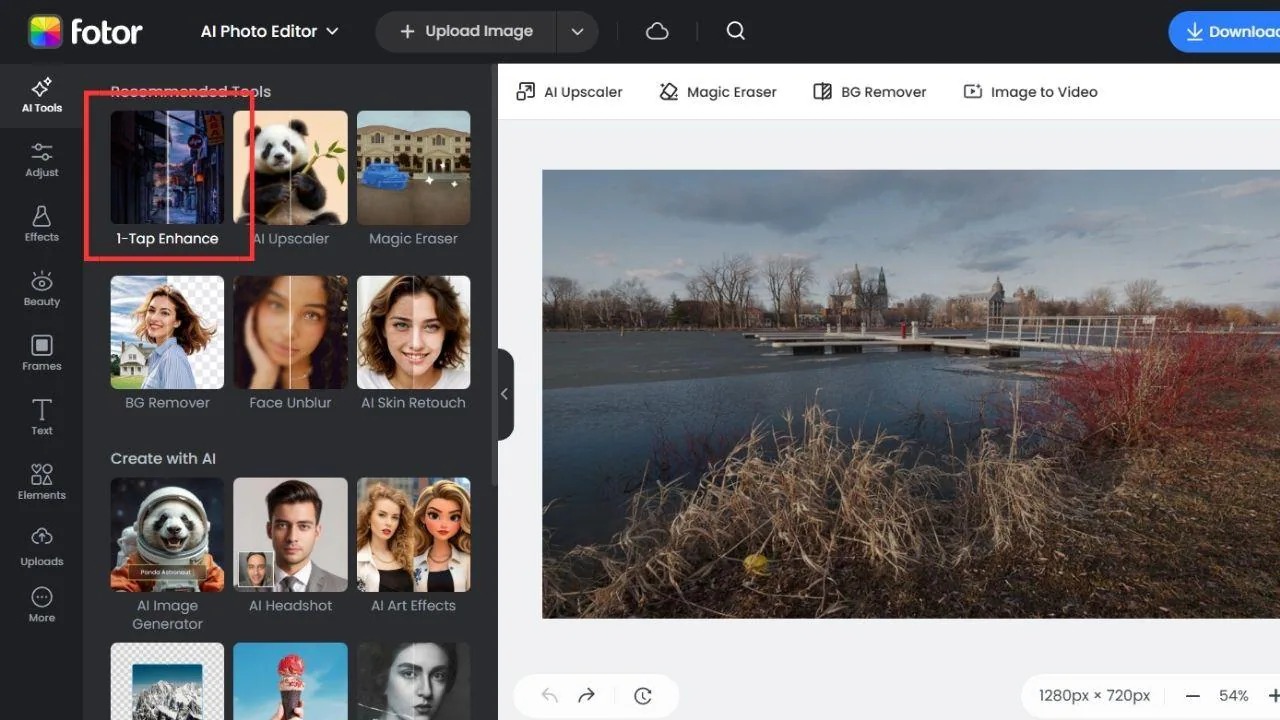 Интерфейс Fotor AI Photo Editor с инструментами улучшения, удаления фона и ретуши