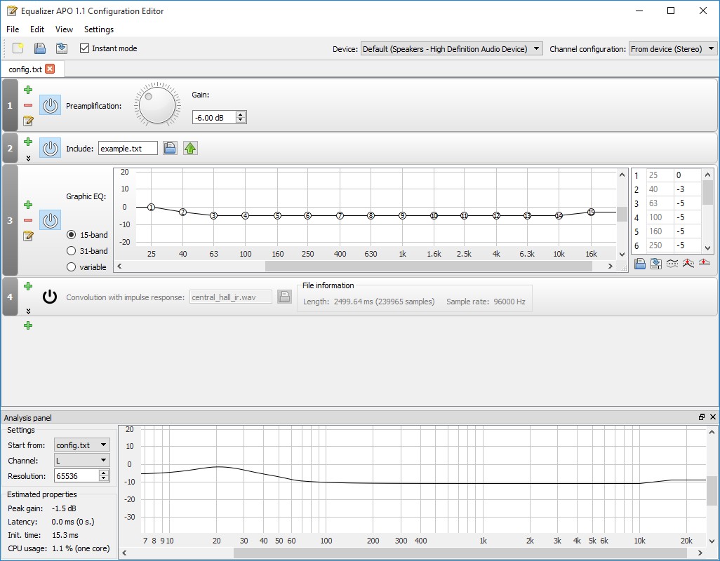 Equalizer APO Configuration Editor с предусилением, графическим эквалайзером и кривой частотной характеристики