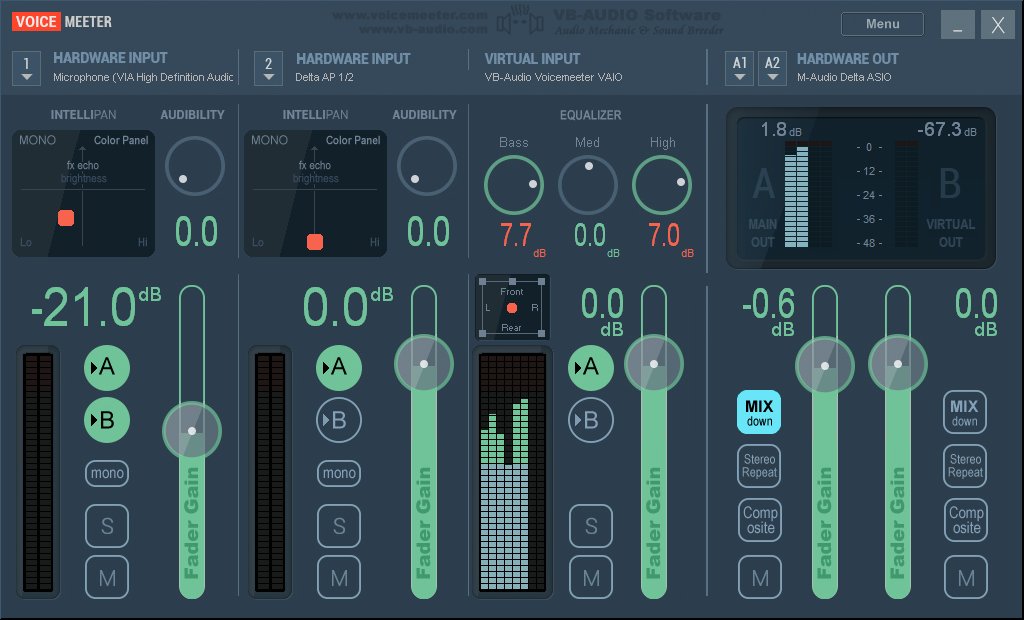 Интерфейс Voicemeeter Standard с аппаратными входами, виртуальным входом, фейдерами и шинами A и B