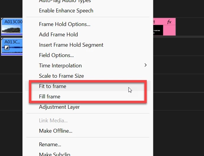 Контекстное меню Adobe Premiere Pro с командами Fit to frame и Fill frame