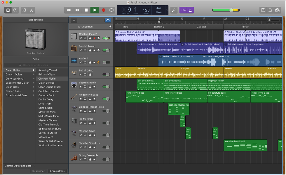 Многодорожечный проект GarageBand с аудиоволнами и музыкальными регионами
