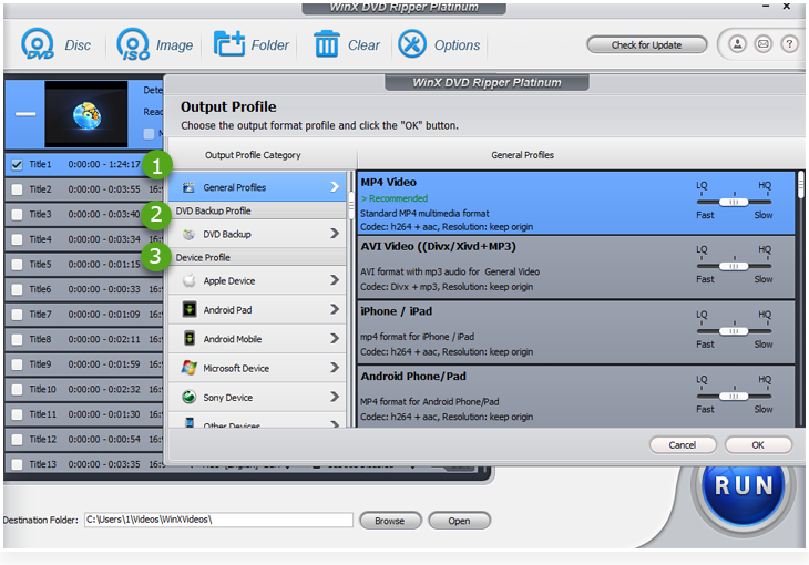 Output Profile в WinX DVD Ripper Platinum с пунктом AVI Video