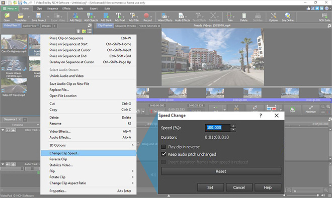 Окно Speed Change в VideoPad Video Editor