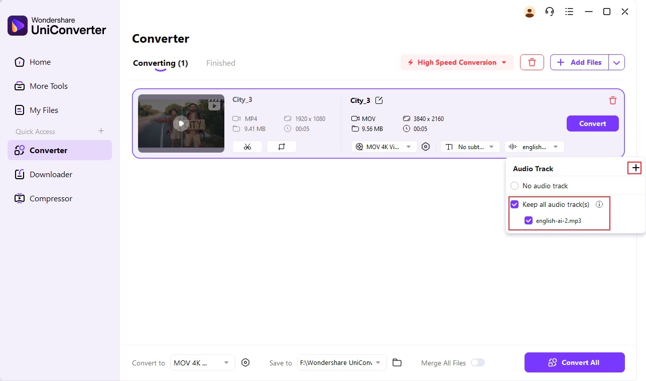 Wondershare UniConverter с меню Audio Track для добавления новой аудиодорожки