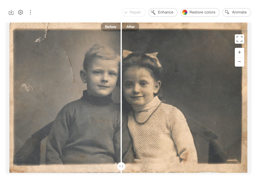 MyHeritage Photo Repair с разделителем до и после