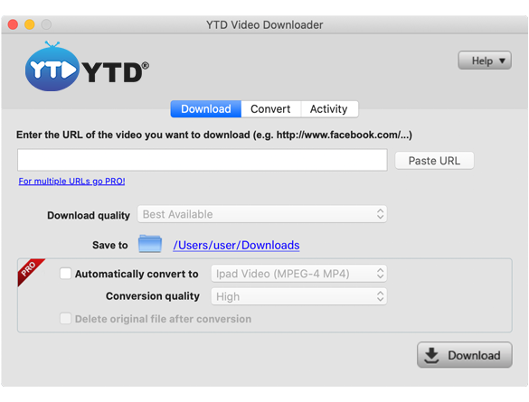 Окно YTD Video Downloader с полем для URL, настройкой качества и кнопкой Download