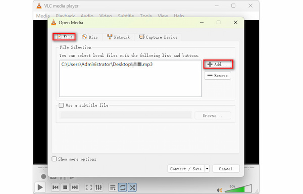 VLC Media Player в окне Open Media с добавленным MP3