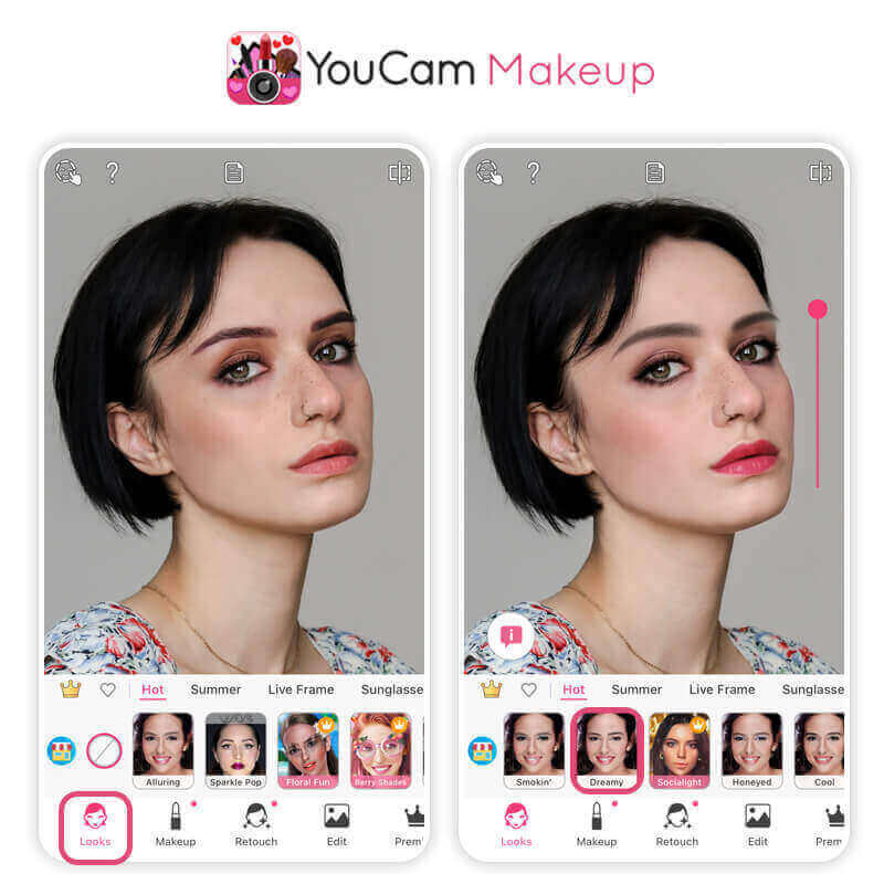 Интерфейс YouCam Makeup с выбором виртуального макияжа