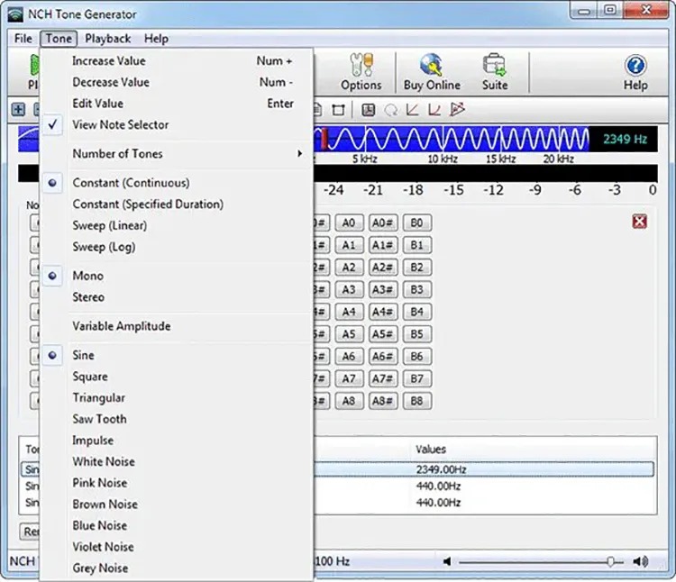 Интерфейс NCH Tone Generator с меню формы волны, свипа, стереорежима и шумов