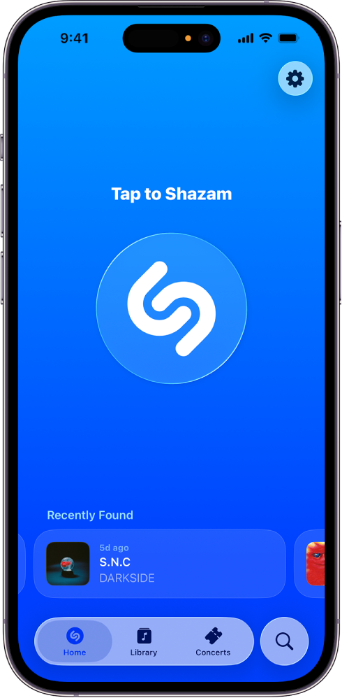 Главный экран приложения Shazam с кнопкой распознавания