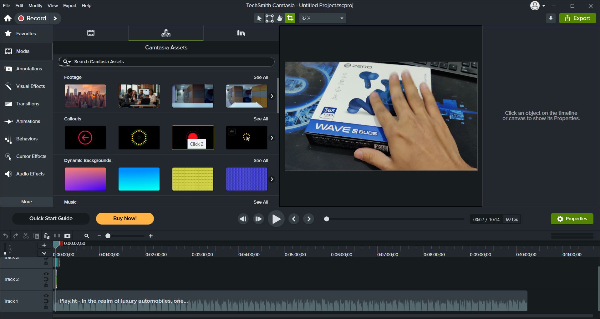 Интерфейс Camtasia с окном предпросмотра, медиапанелью и многодорожечным таймлайном