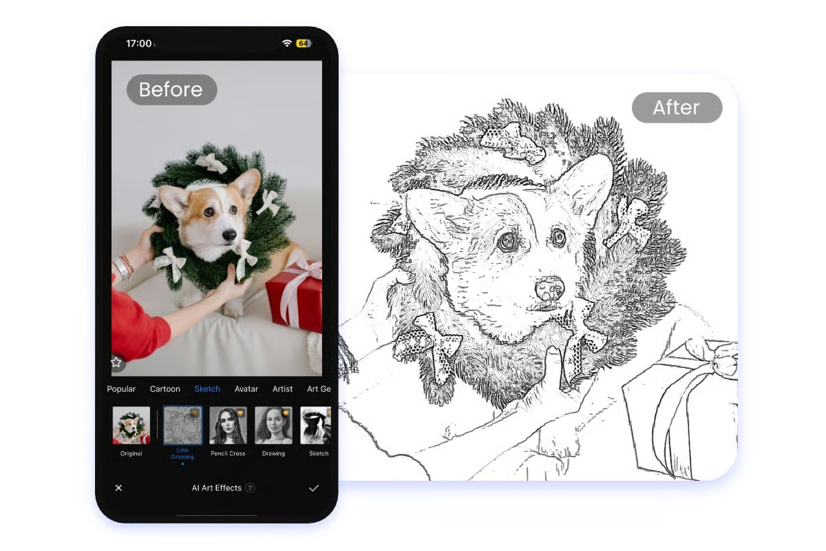 Мобильный интерфейс Fotor с категорией Sketch и примером до и после