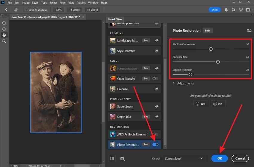 Adobe Photoshop с открытым Neural Filter Photo Restoration