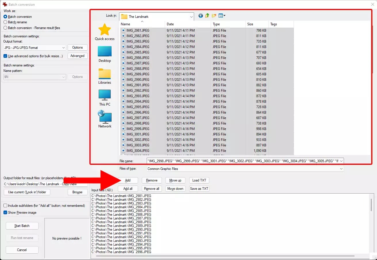 Окно Batch conversion в IrfanView со списком JPEG и параметрами выходной папки