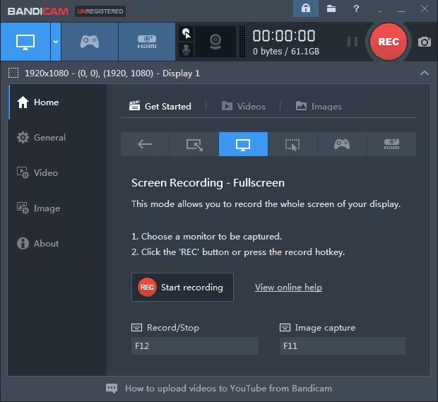 Главное окно Bandicam в режиме записи полного экрана