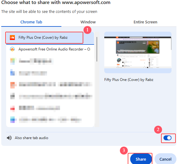 Выбор вкладки и передача звука для Apowersoft Online Screen Recorder