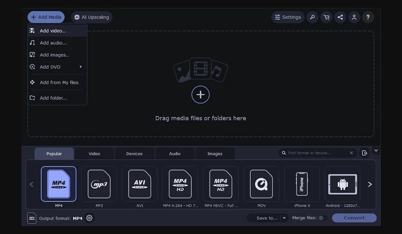 Главное окно Movavi Video Converter с областью импорта и вкладками форматов