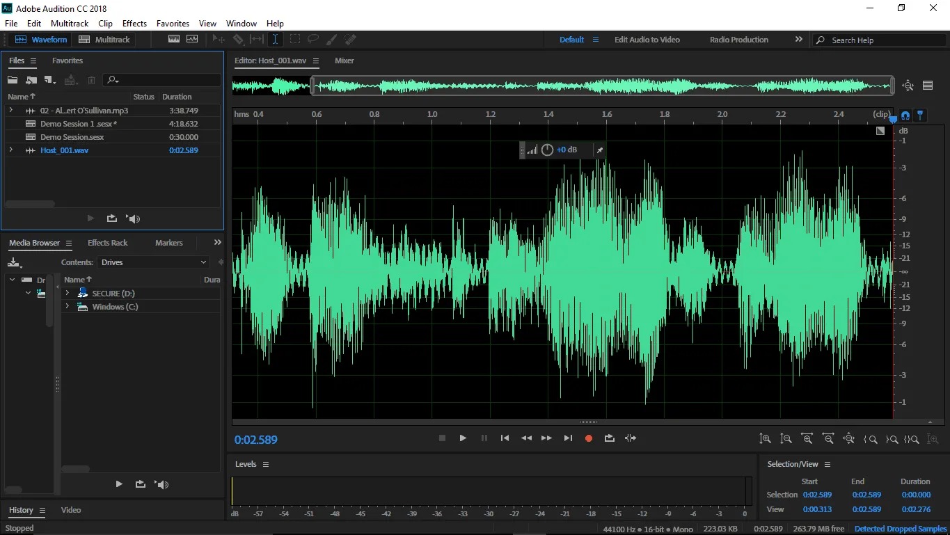 Adobe Audition в режиме Waveform с крупной волновой формой, панелью уровней и транспортом