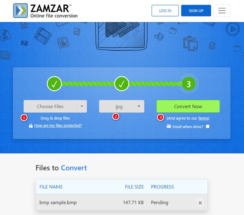 Веб-интерфейс Zamzar с выбором JPG и кнопкой Convert Now