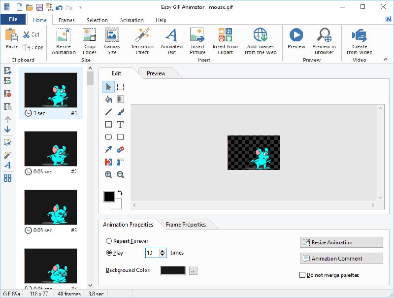 Интерфейс Easy GIF Animator с окном кадра и свойствами анимации