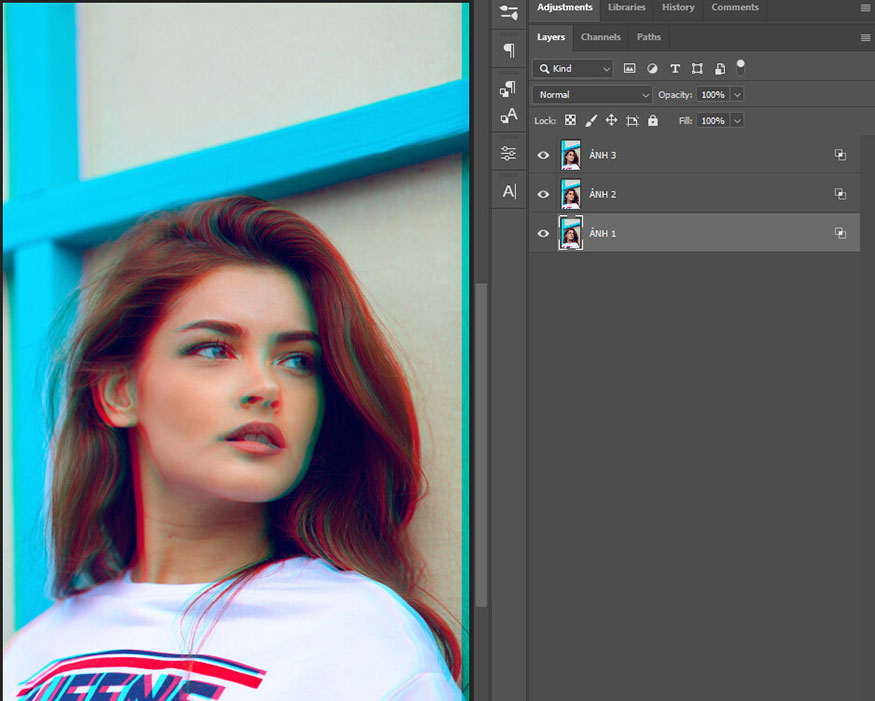 Интерфейс Adobe Photoshop со слоями RGB-глитча