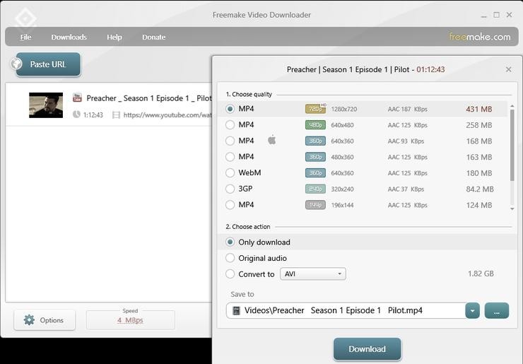 Интерфейс Freemake Video Downloader с выбором качества и формата