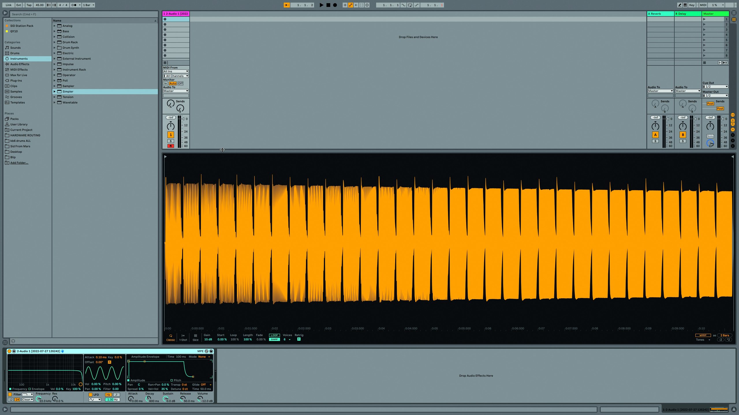 Интерфейс Ableton Live с загруженным аудиофрагментом в Simpler