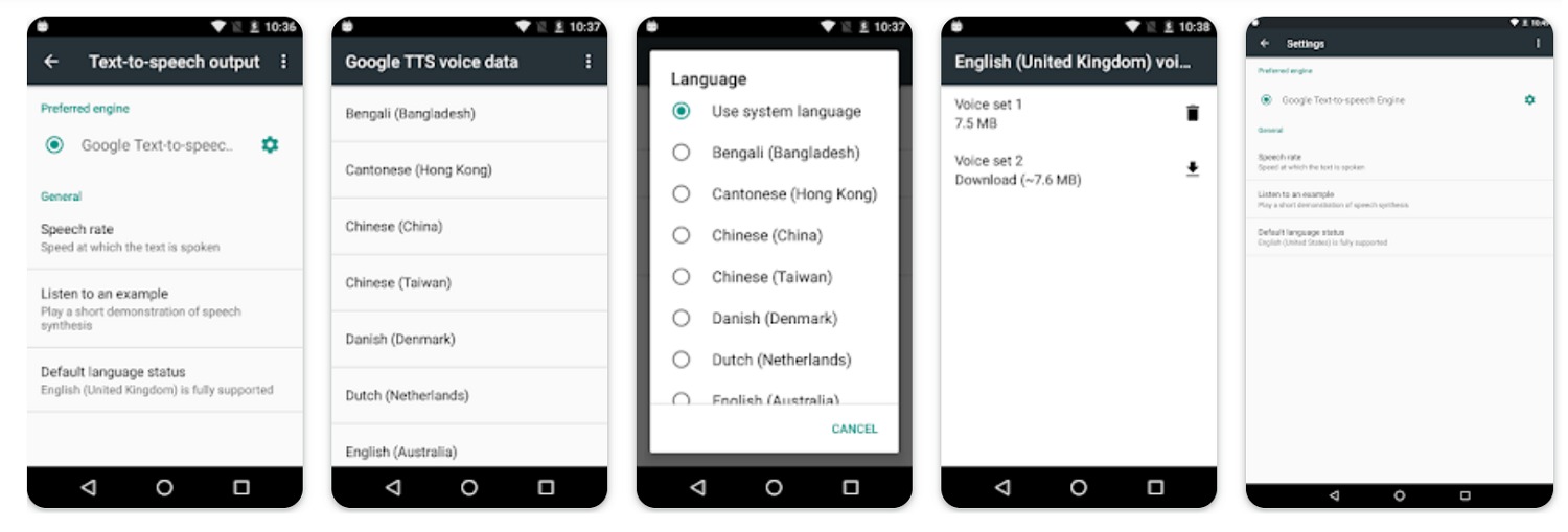 Настройки синтеза речи Android с выбором движка, языка, скорости и высоты тона