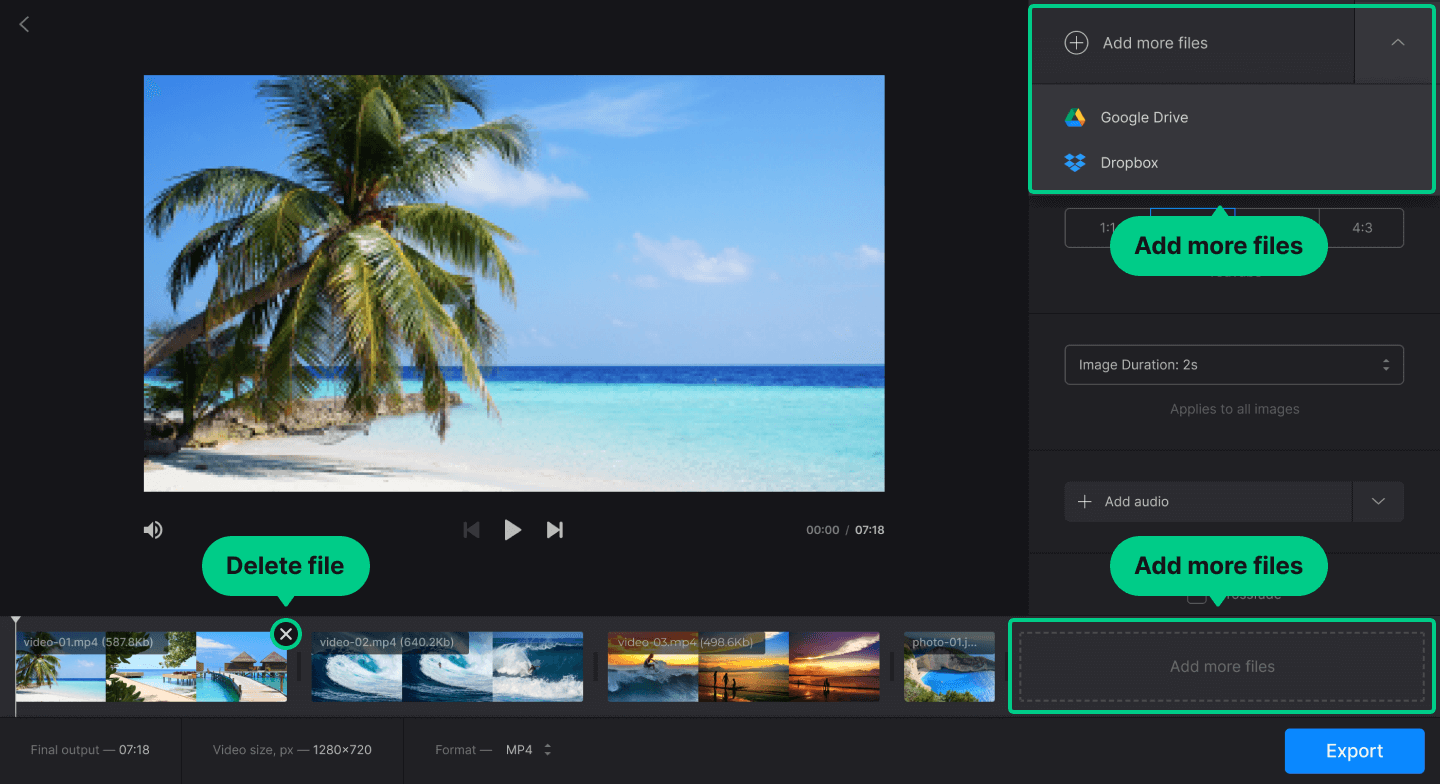 Интерфейс Clideo Merge Video с кнопкой Add more files и лентой клипов