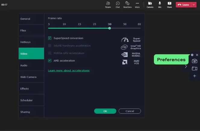 Панель настроек Movavi Screen Recorder с частотой кадров и аппаратным ускорением