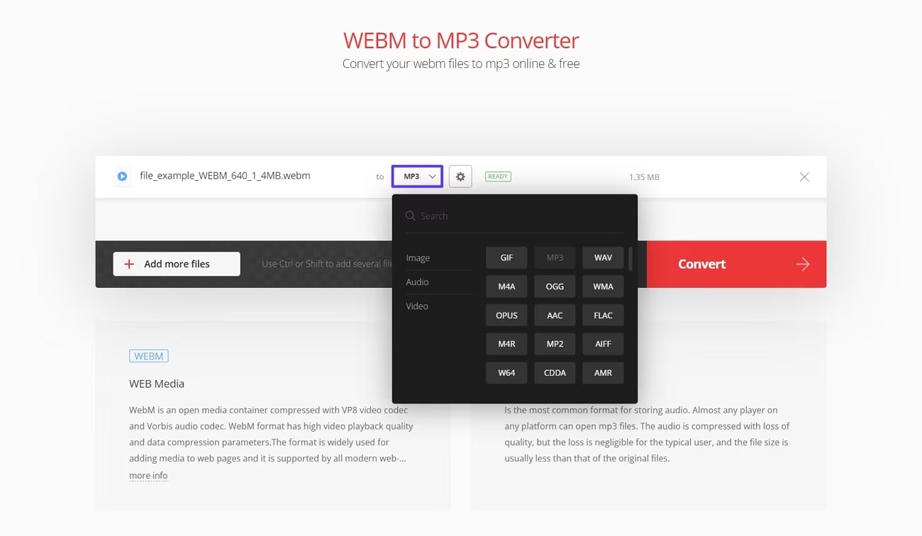 Convertio с загруженным WebM и выбранным выходным форматом MP3