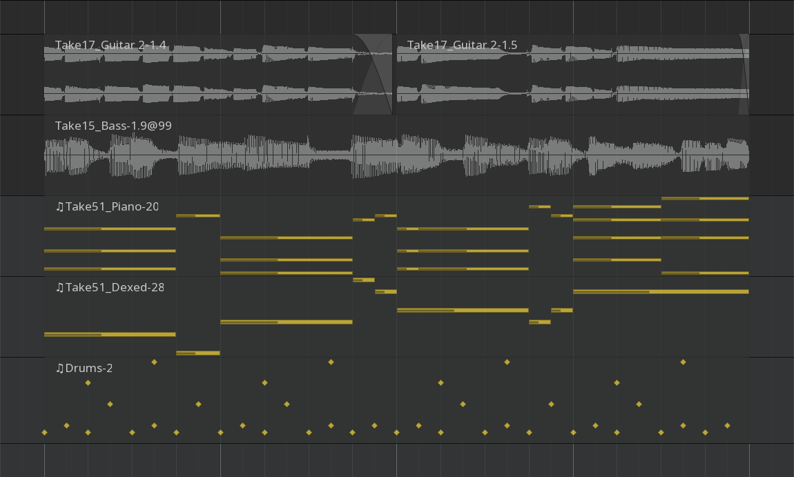 Интерфейс Ardour с редактированием аудио и MIDI