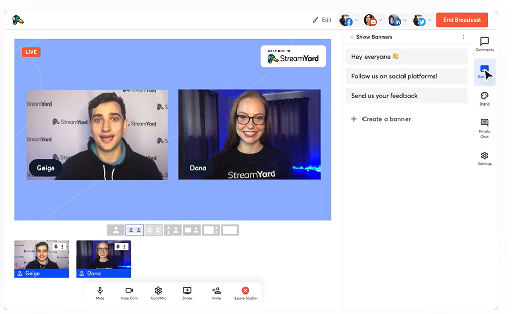 Рабочее окно StreamYard с участниками и управлением эфиром