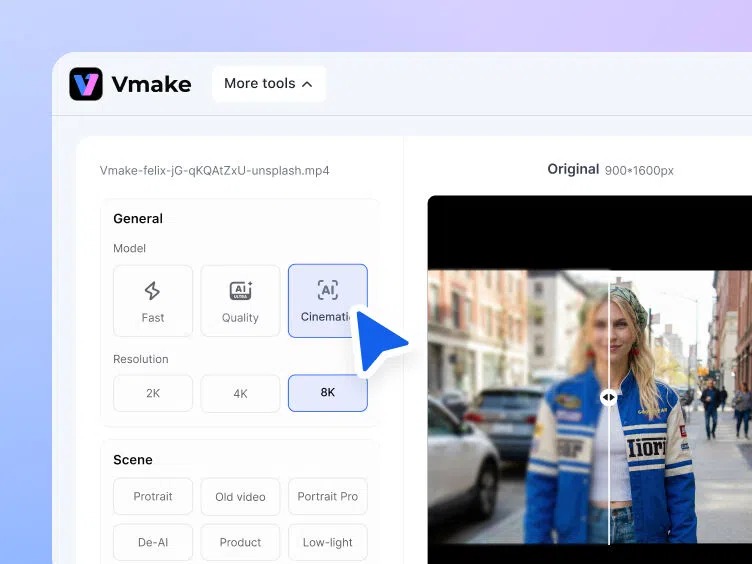 Интерфейс Vmake Labs с выбором модели улучшения видео