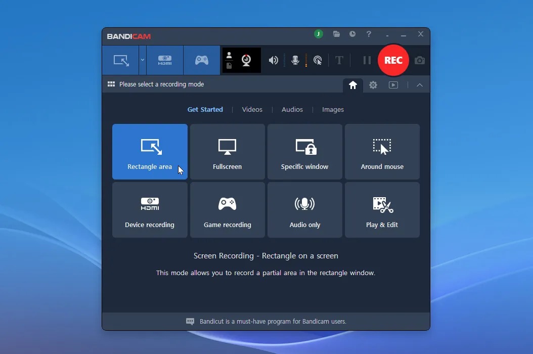 Главное окно Bandicam 2027 с режимами записи экрана, игры, устройства и аудио