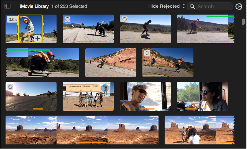 Окно iMovie на Mac с медиатекой, предпросмотром и таймлайном