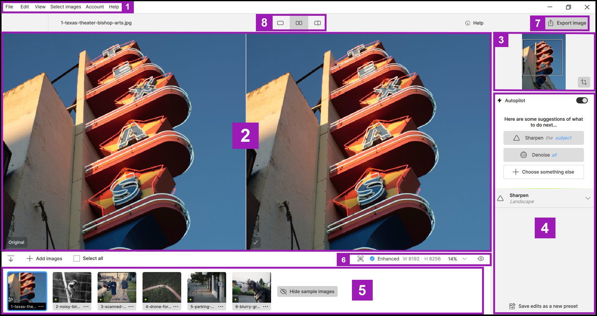 Актуальный интерфейс Topaz Photo с панелью улучшений и предпросмотром