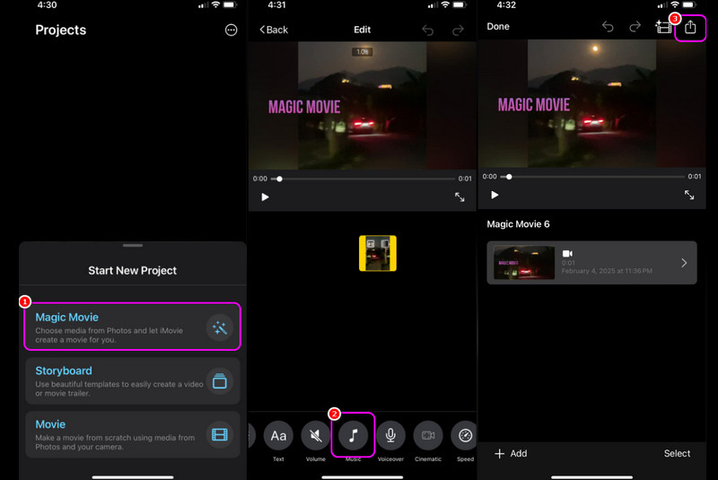 Интерфейс iMovie Magic Movie на iPhone с инструментом Music и кнопкой публикации