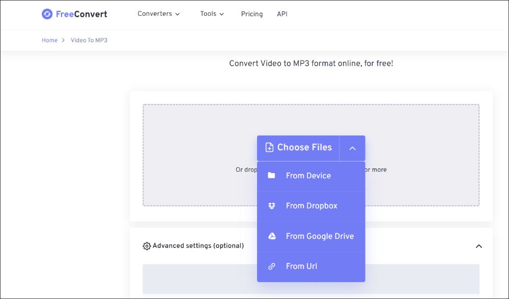 Веб-интерфейс FreeConvert Video to MP3 с кнопкой Choose Files и Advanced settings