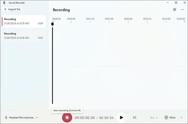 Интерфейс Sound Recorder в Windows 11