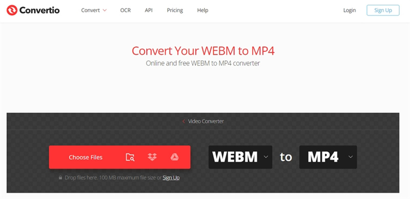 Интерфейс Convertio с WebM-файлом и выбранным MP4