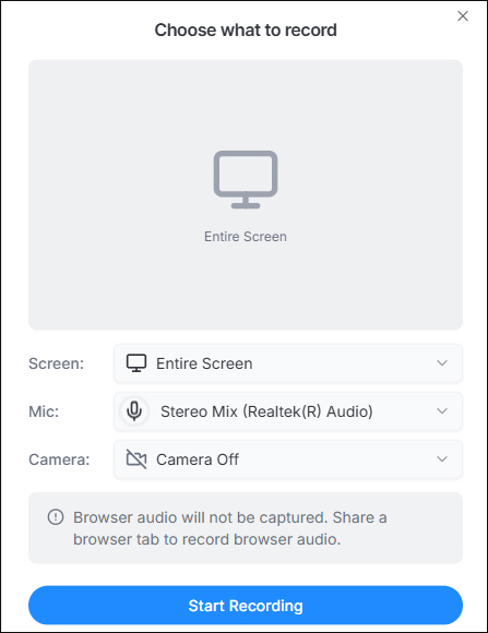 Окно ScreenApp с выбором записи экрана, экрана с веб-камерой и источника аудио